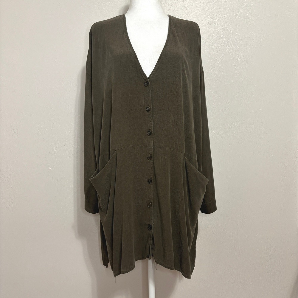 Grade & Gather Shirt Dress Olive Green Tensel Tunic Oversized Lagenlook Work S/M